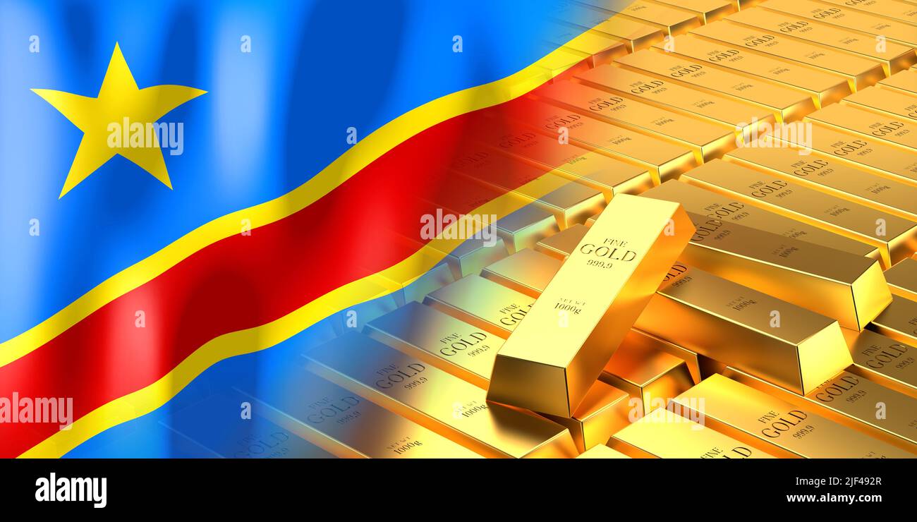 Democratic Republic Of Congo Flag And Gold Ingots 3D Illustration