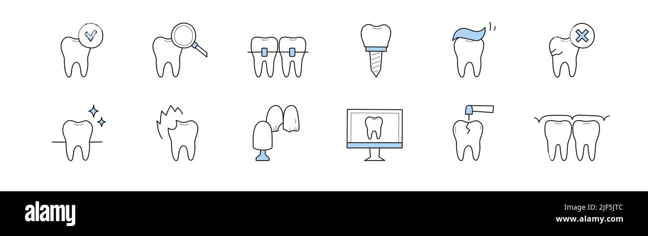 Dentistry And Stomatology Doodle Icons Set Vector Linear Signs Dental