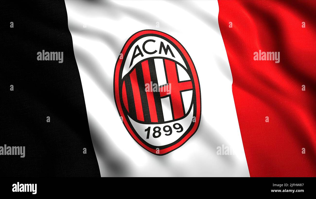 Close Up Of Waving Flag With Ac Milan Football Club Logo Motion