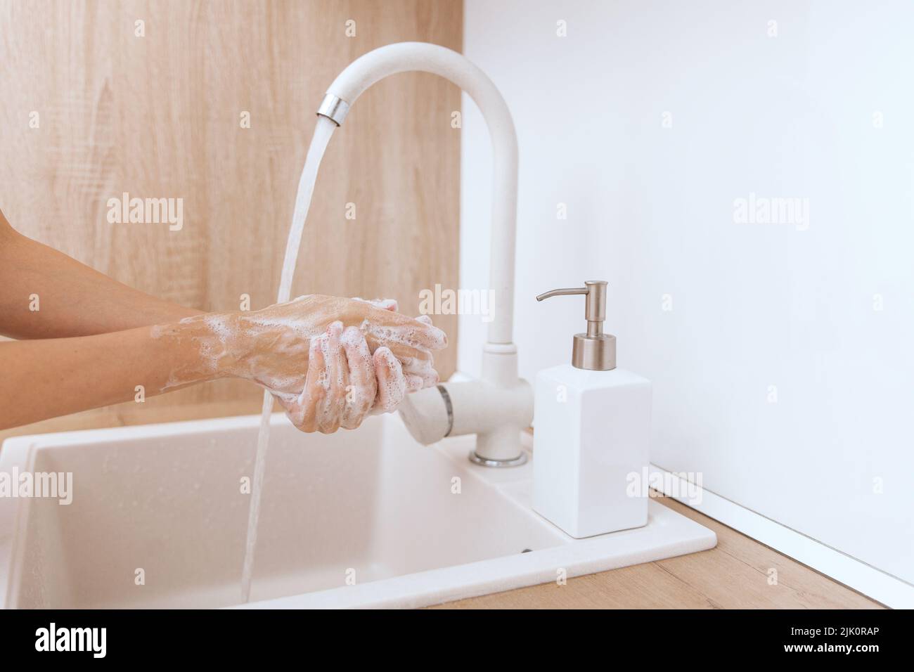 Washing Hands Under The Flowing Water Tap Hygiene Concept Hand Detail