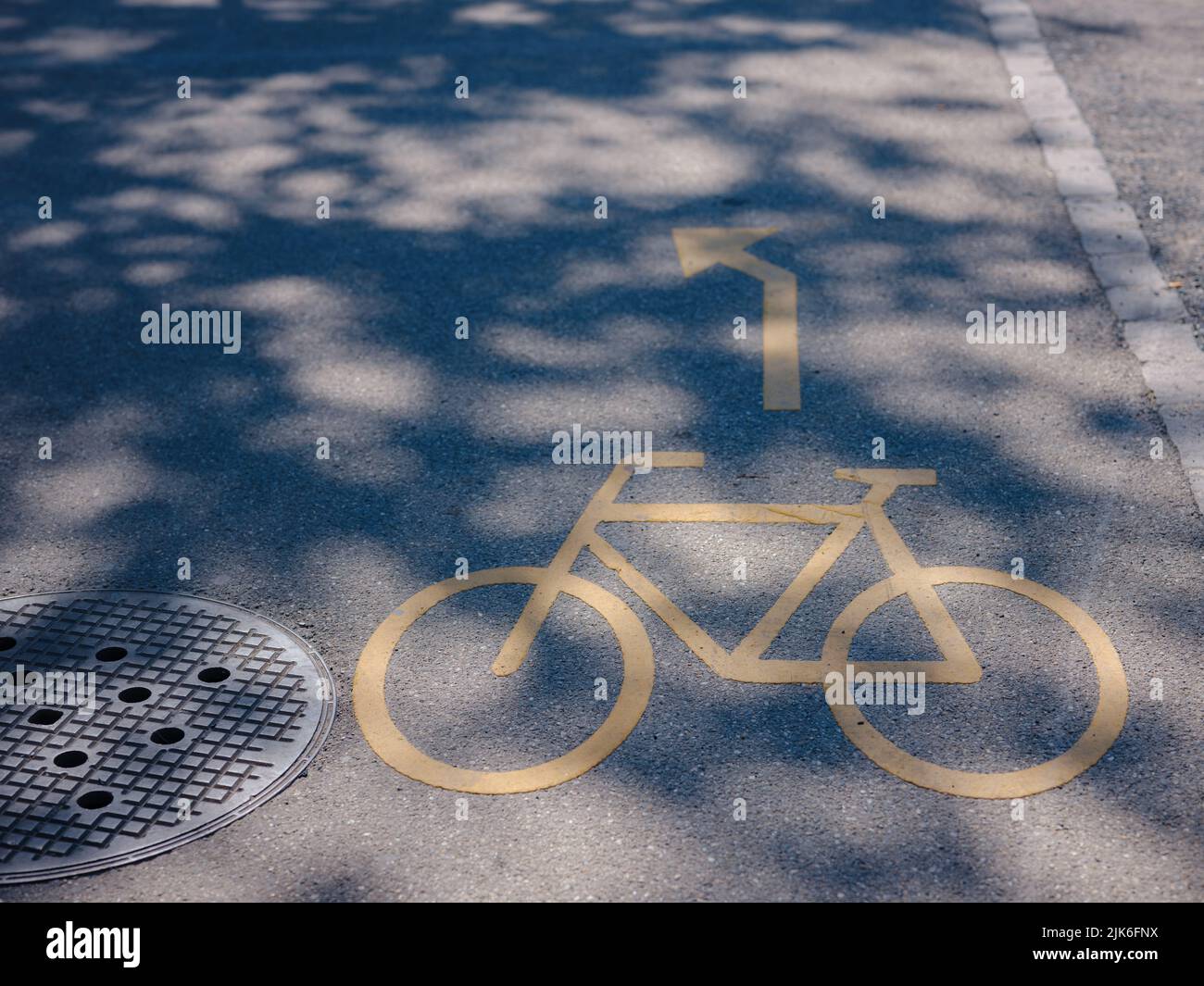 Yellow Bicycle Sign On Bike Lane Driving Direction To The Left Stock