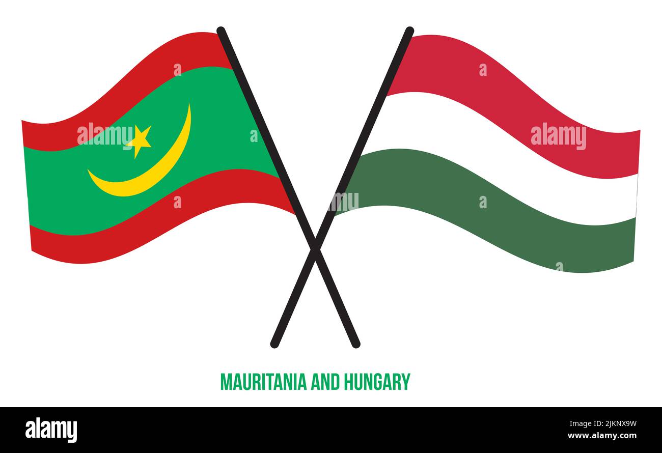 Mauritania And Hungary Flags Crossed And Waving Flat Style Official