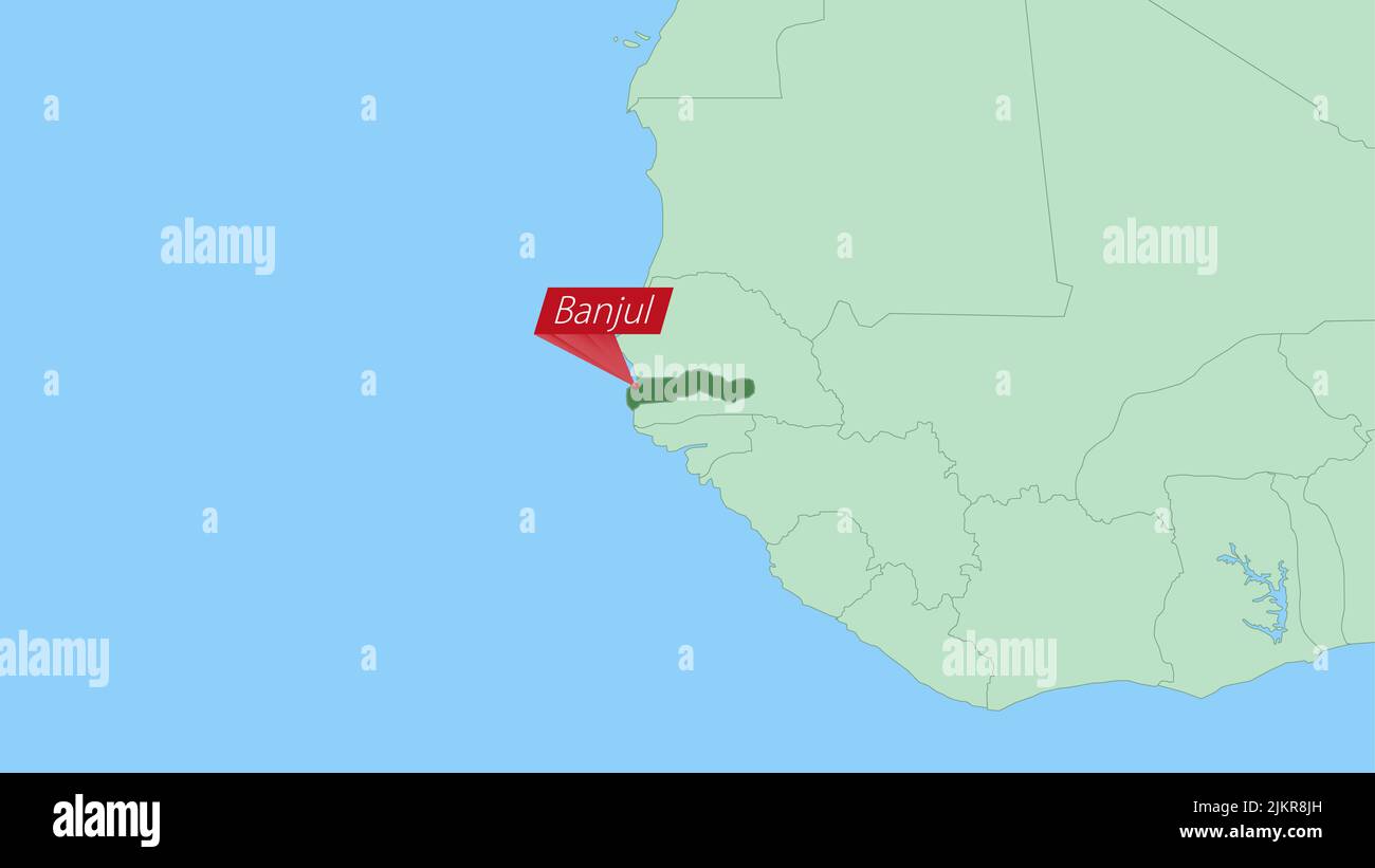 Map Of Gambia With Pin Of Country Capital Gambia Map With Neighboring