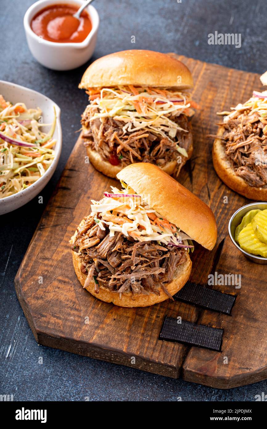 Pulled Pork Sandwiches With Cole Slaw On Brioche Buns Stock Photo Alamy