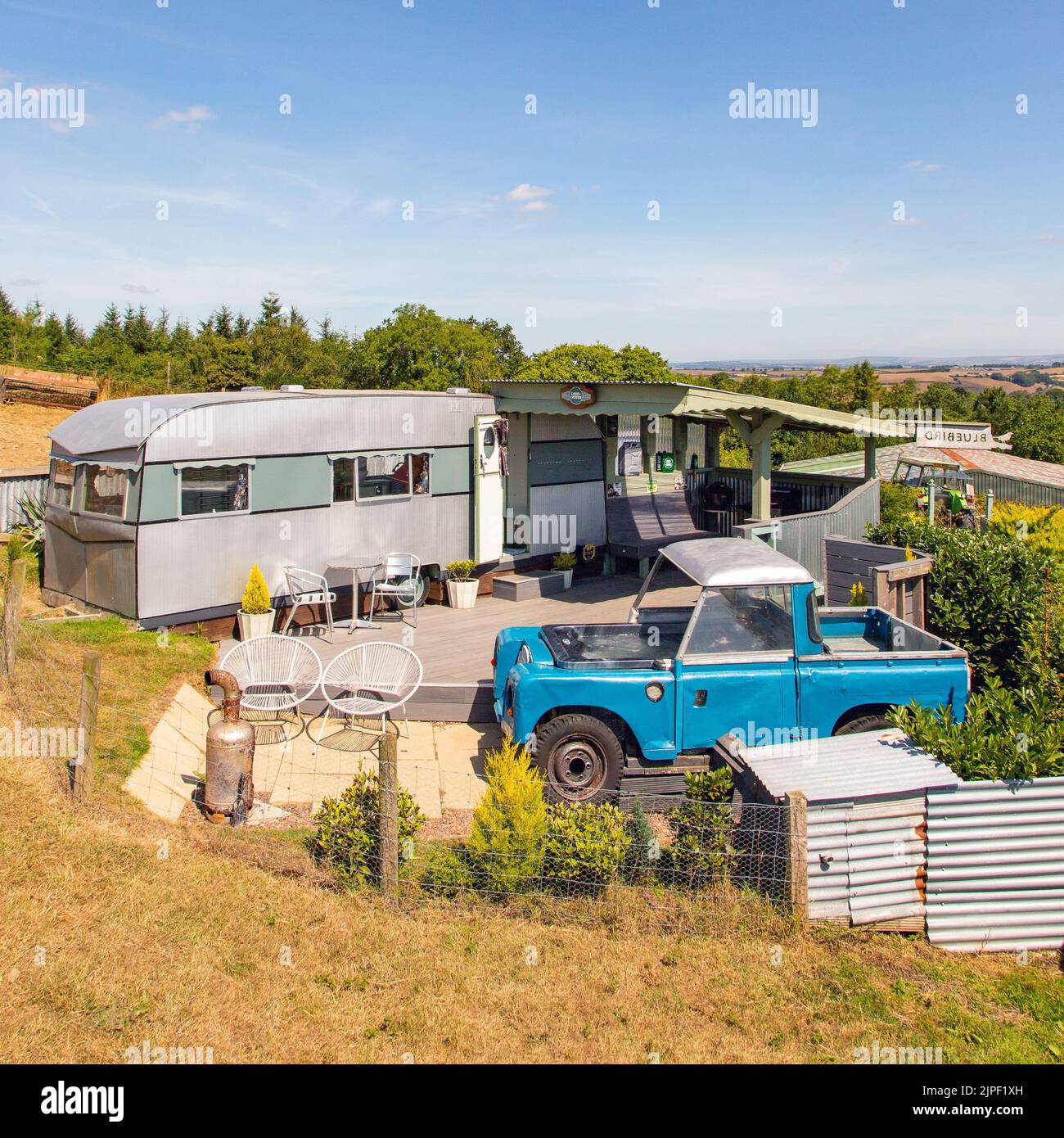 Land Rover Hot Tub Bluebird Caravan High Bickington North Devon England United Kingdom