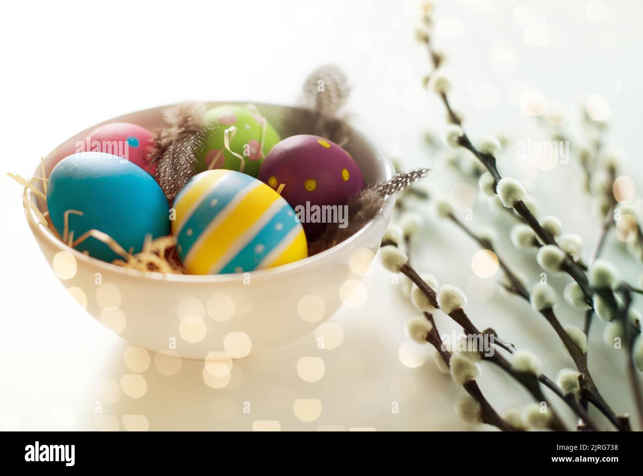 Colored Easter Eggs And Pussy Willow Branches Stock Photo Alamy