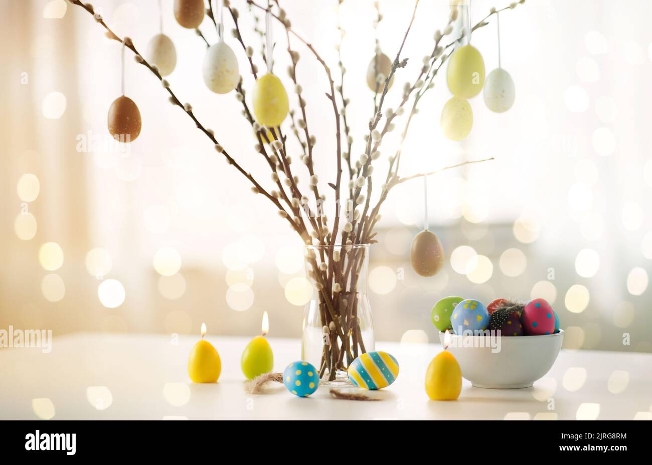 Pussy Willow Branches Decorated By Easter Eggs Stock Photo Alamy