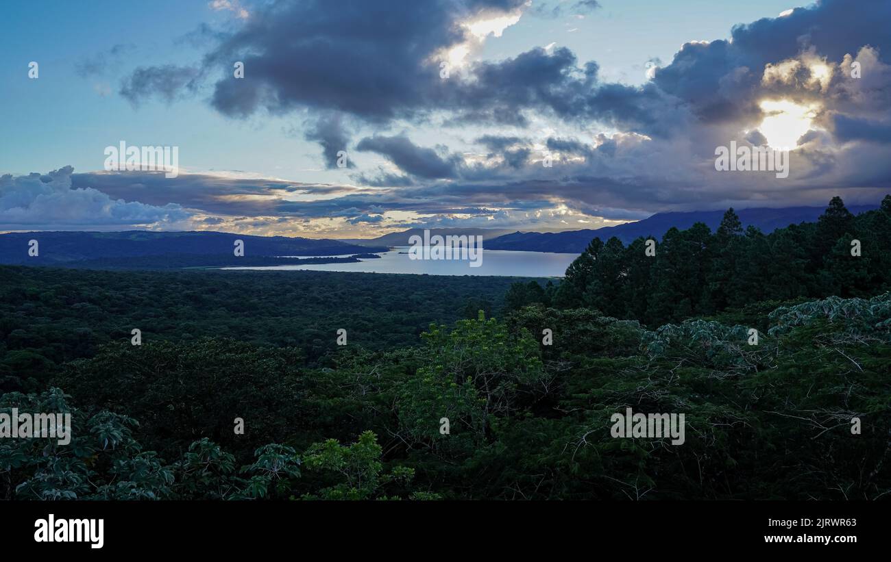 Beautiful Aerial Lview Of Arenal Volcano The Arenal Lagoon And Rain