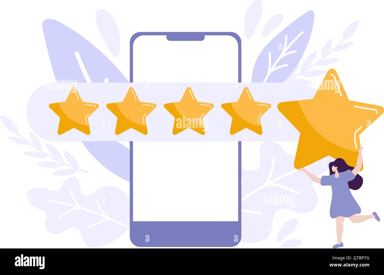 Tiny Woman Satisfied Customer Give Rating Stars On Smartphone People