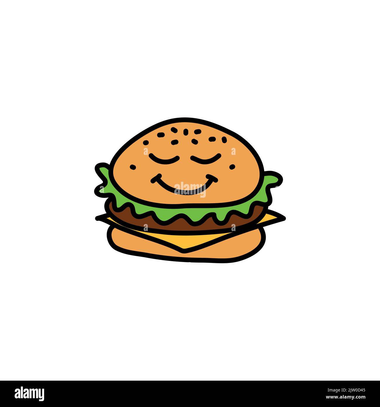 Cute Doodle Burger With Smiling Face Isolated On White Background