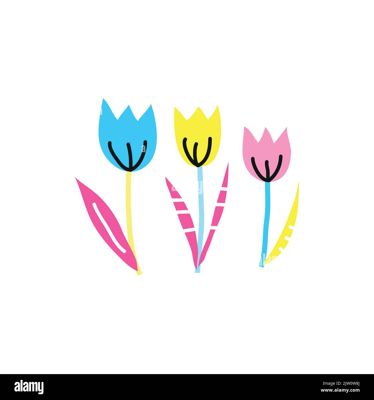 Abstract Colorful Doodle Tulips Isolated On White Background Stock