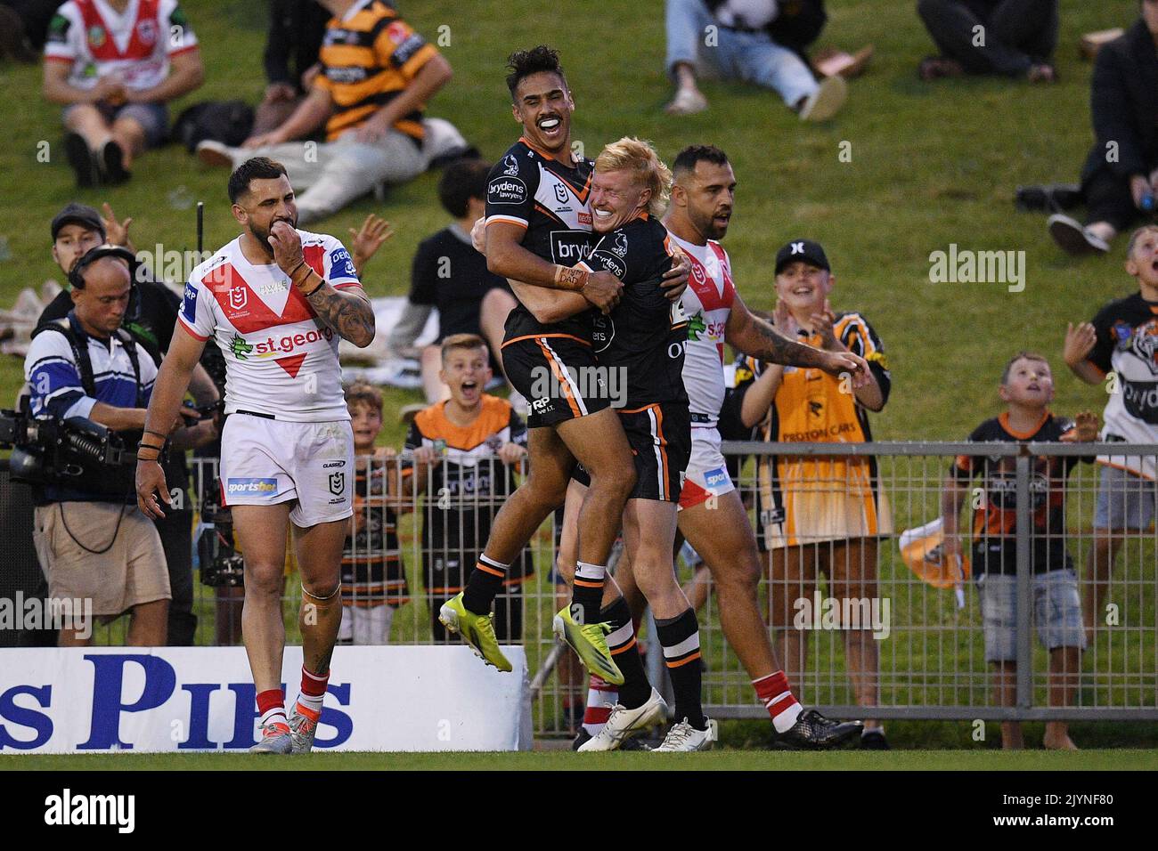 Zac Cini Of The Tigers Celebrates After Scoring A Try On Debut During