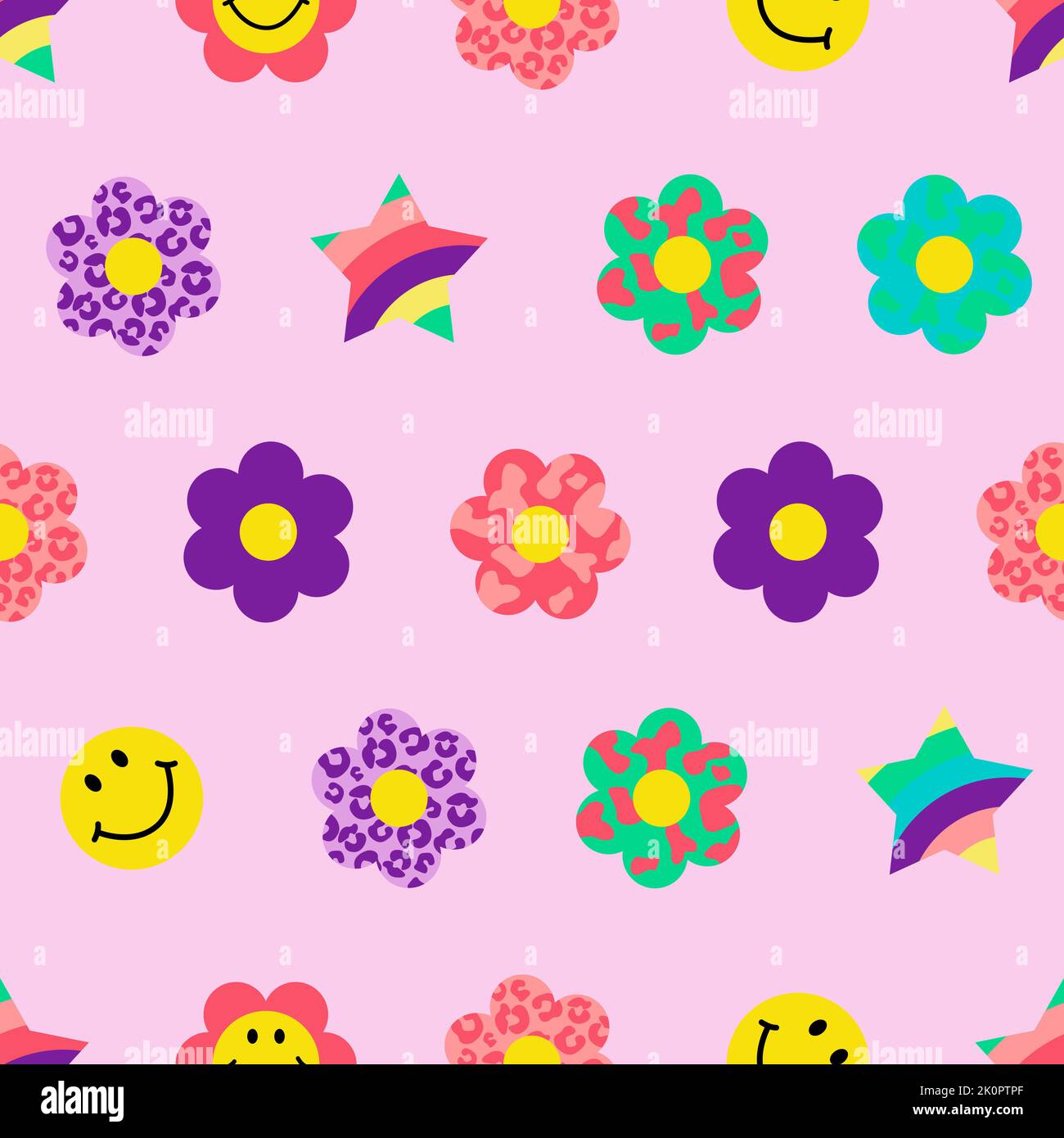 Cool Groovy Flower Seamless Pattern Y K Style Trendy Funky Background