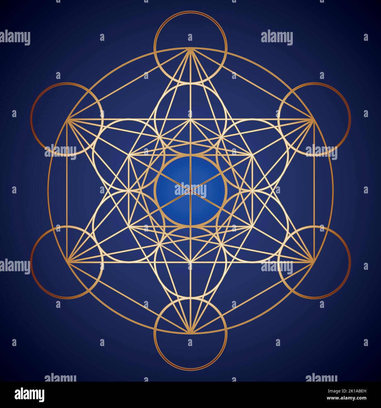 Gold Metatron Cube Sacred Geometry In Dark Blue Background Stock Vector