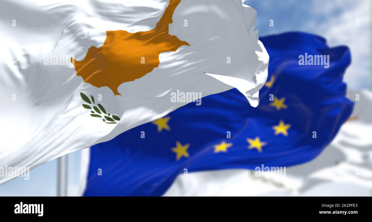 Detail Of The National Flag Of Cyprus Waving In The Wind With Blurred