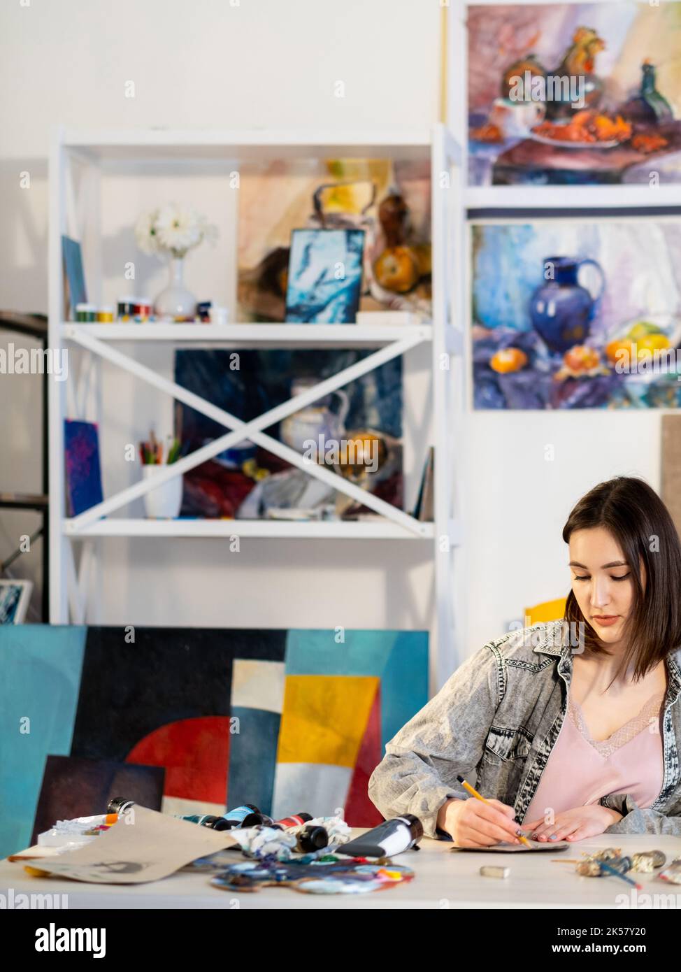 Painting Hobby Female Artist Drawing In Studio Stock Photo Alamy