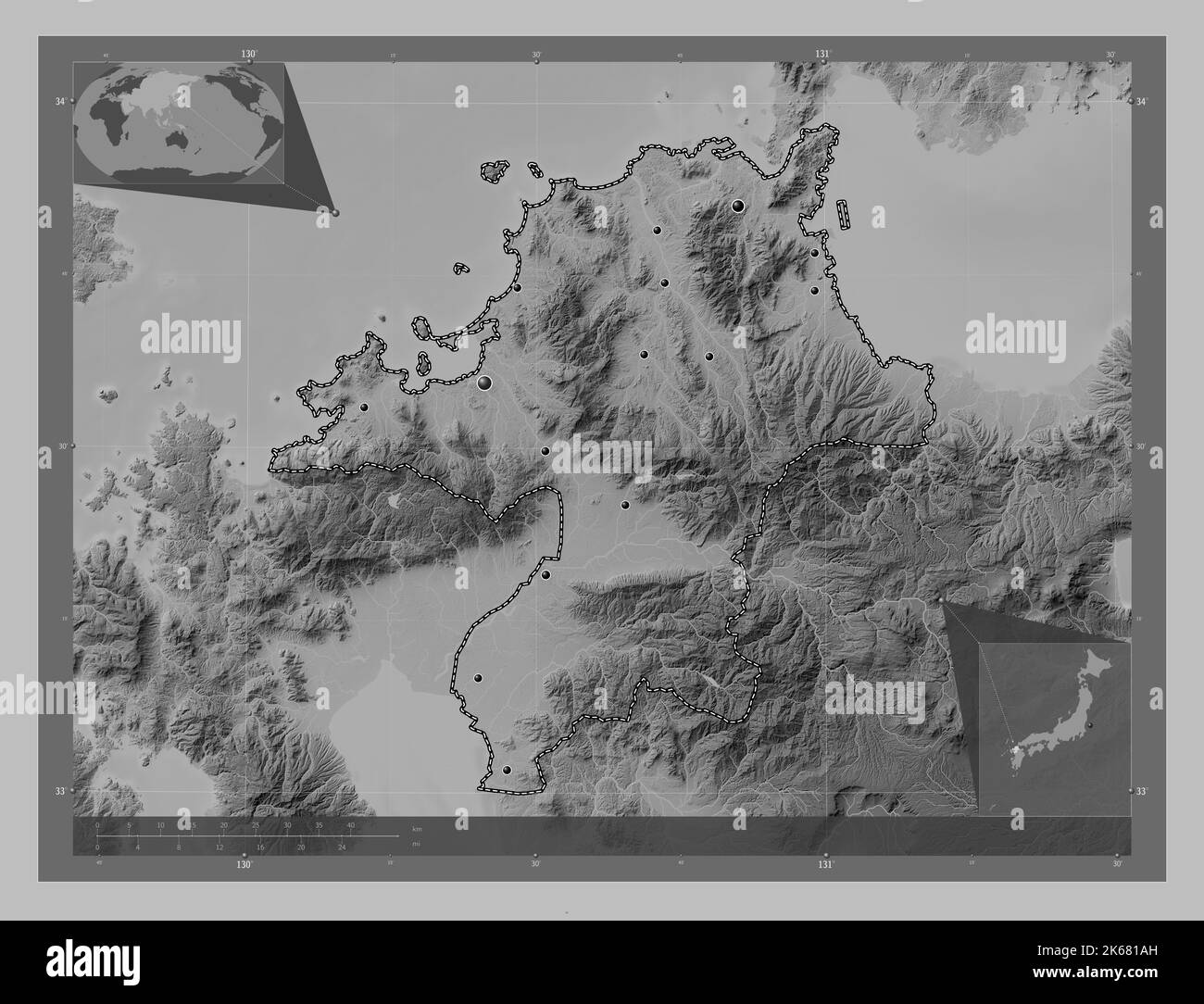 Fukuoka Prefecture Of Japan Grayscale Elevation Map With Lakes And