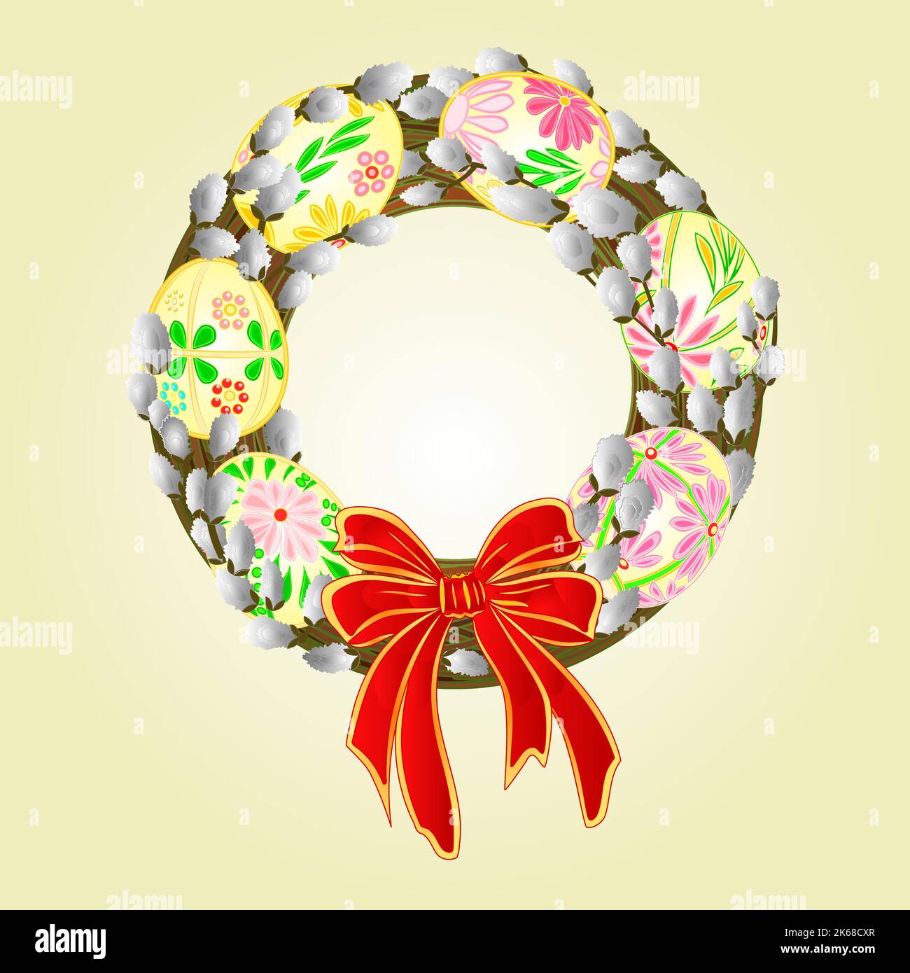 Easter Wreath With Pussy Willow And Easter Eggs Vector Stock Vector