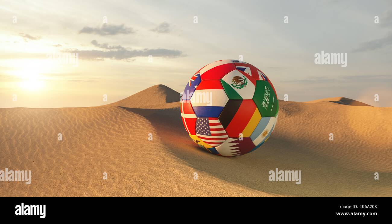 Soccer Ball With Country Flags In Qatar Desert For World Cup Stock