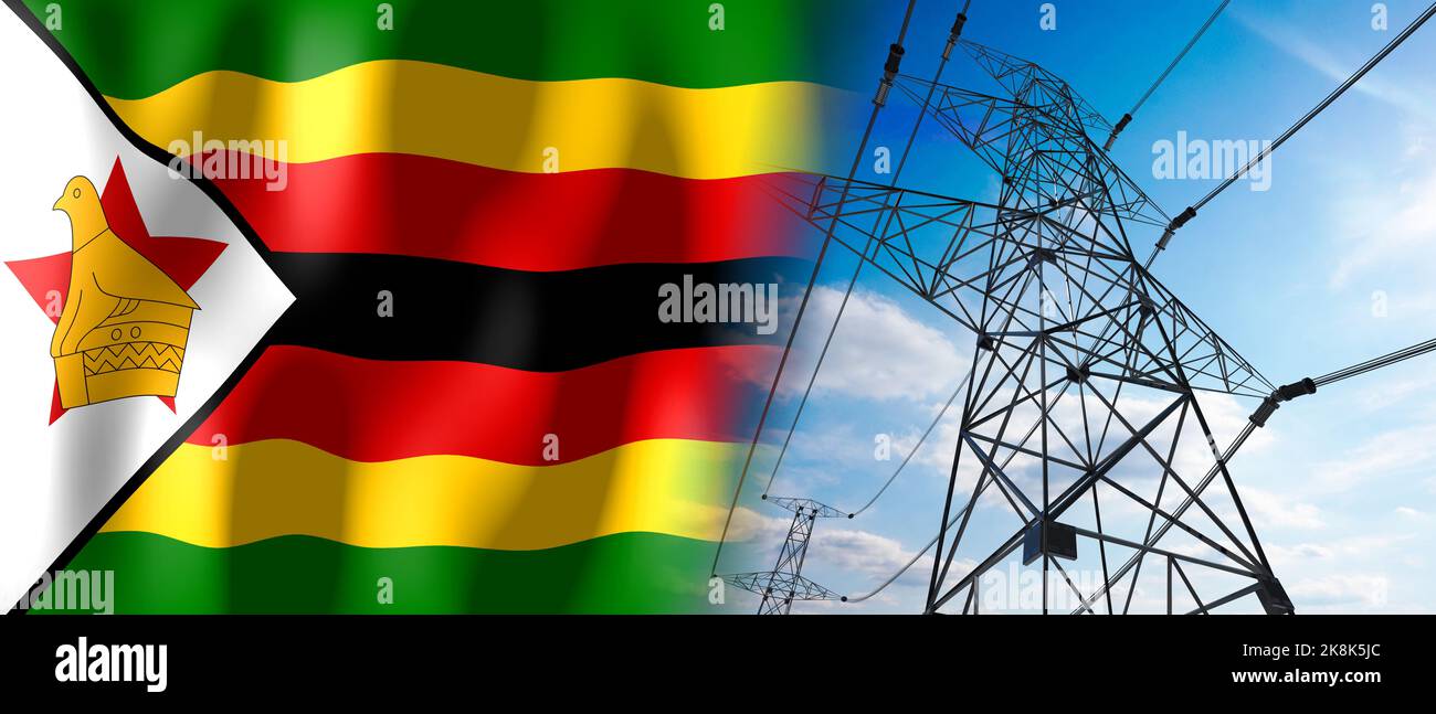 Zimbabwe Country Flag And Electricity Pylons D Illustration Stock