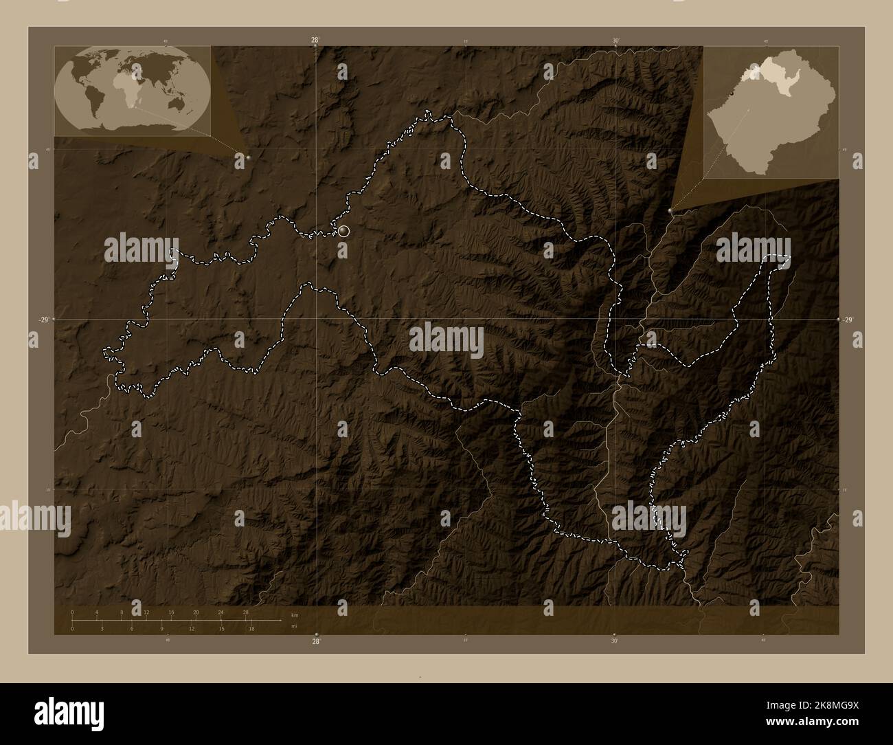 Leribe District Of Lesotho Elevation Map Colored In Sepia Tones With