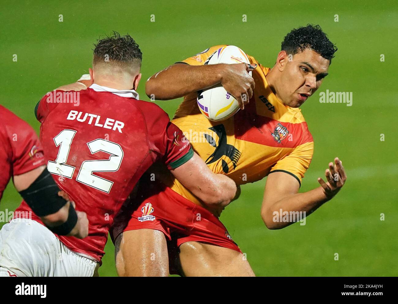 Papua New Guinea S Jacob Alick Right Tackled By Wales Chester Butler