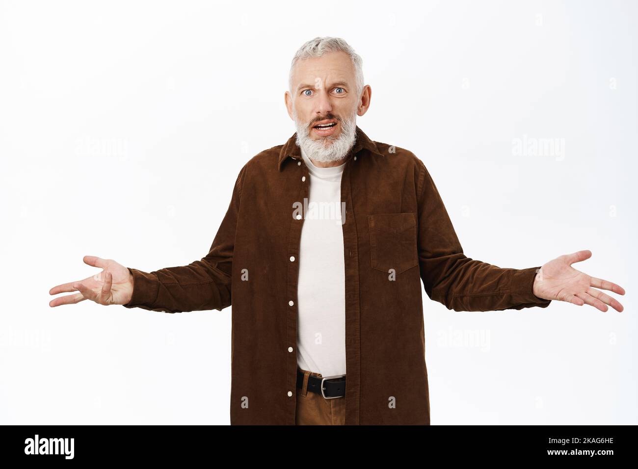 Confused Old Man Senior Guy Spread Hands Sideways And Staring