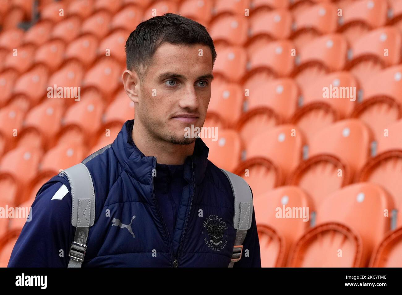 Jerry Yates Of Blackpool Arrives At The Stadium Before The Sky Bet