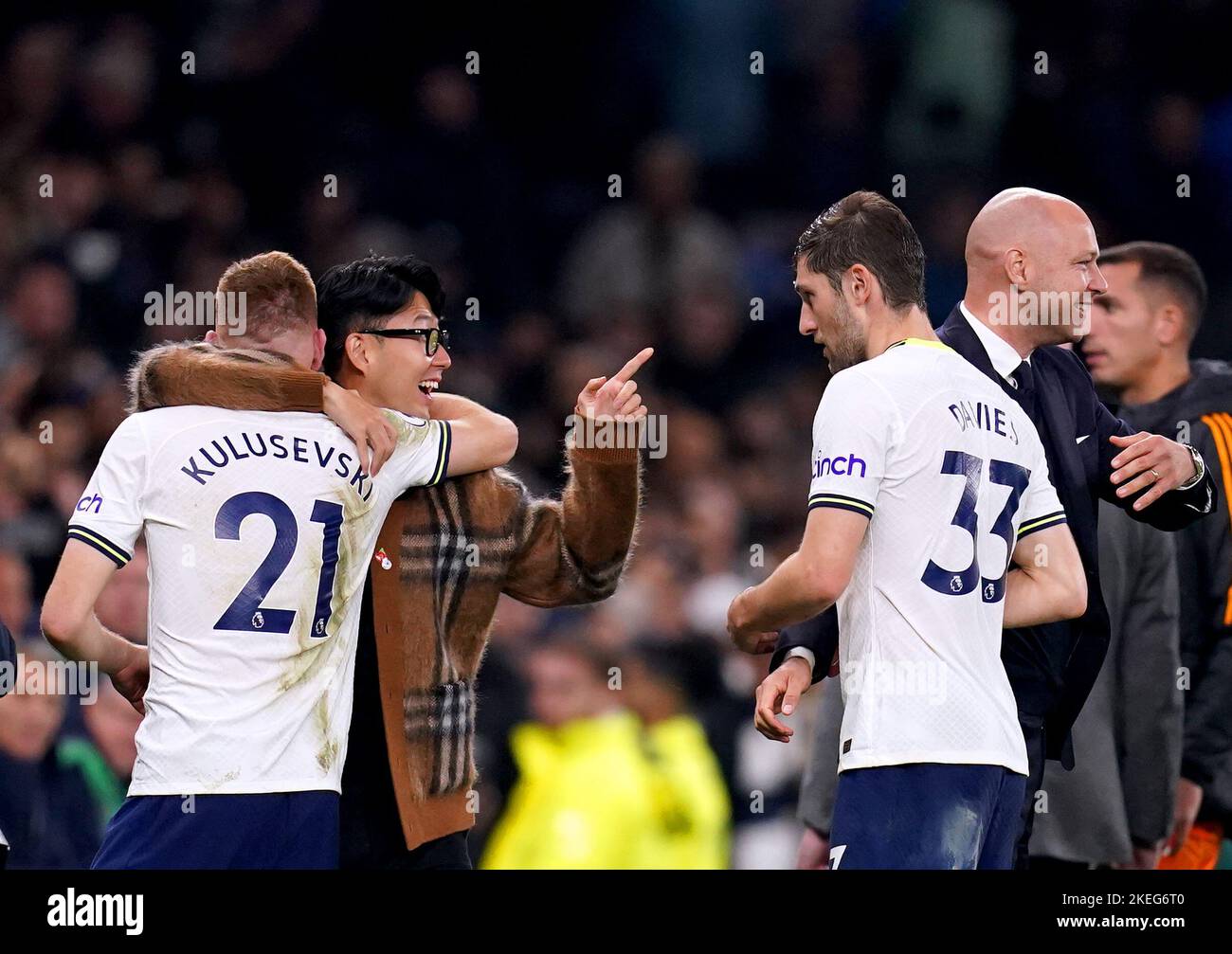 Tottenham Hotspur S Son Heung Min Hugs Dejan Kulusevski At The End Of