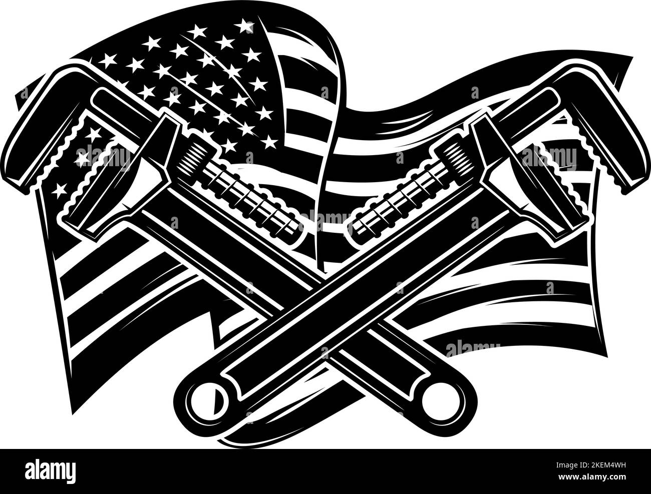 Illustration Of Crossed Pipe Wrenches On Us Flag Background Design