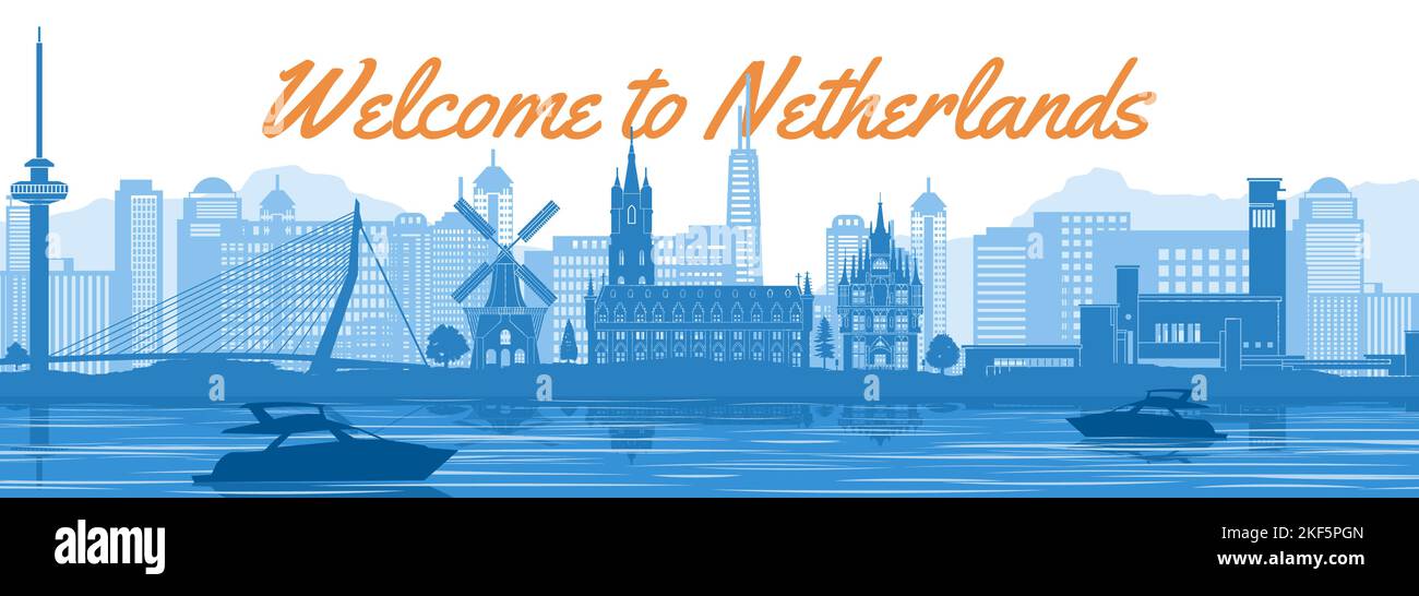 Netherlands Famous Landmark With Blue And White Color Design Vector