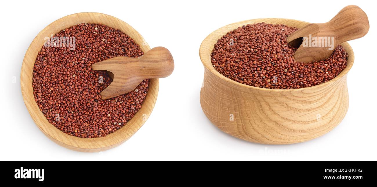 Red Quinoa Seeds In Wooden Bowl And Scoop Isolated On White Background