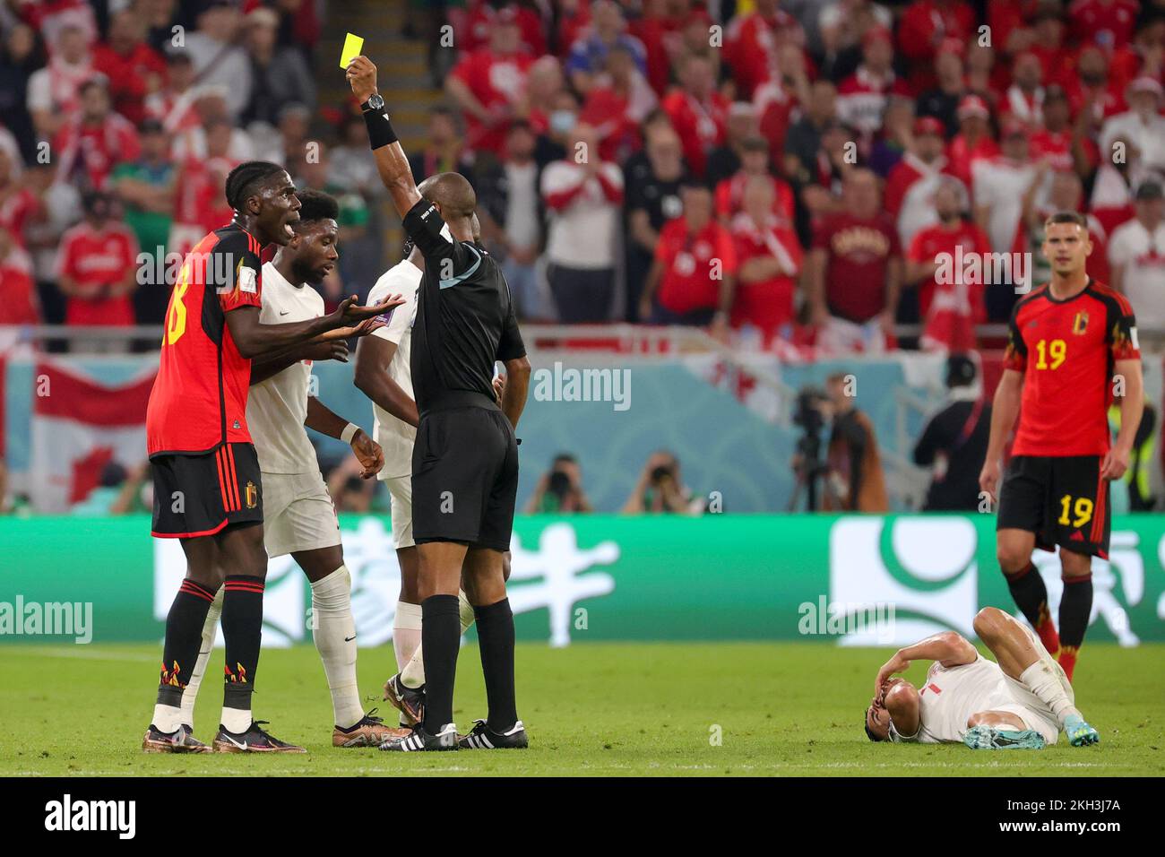 Al Rayyan Qatar 23rd Nov 2022 Referee Janny Sikazwe Gives A Yellow