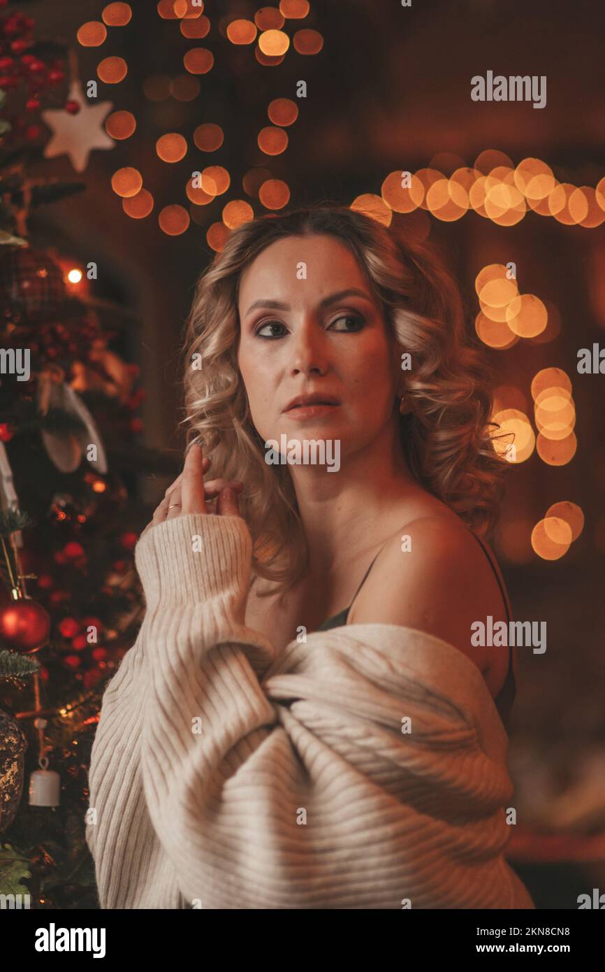 Portrait Of Candid Authentic Woman Blonde Curly Hair Dreamer At Chalet