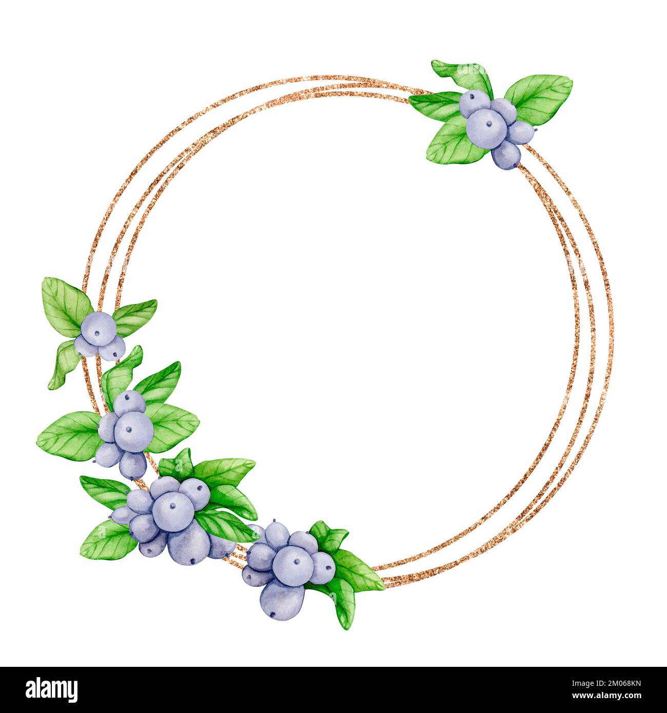 Elegant Round Golden Frame With Greenery And Blue Berries Template For