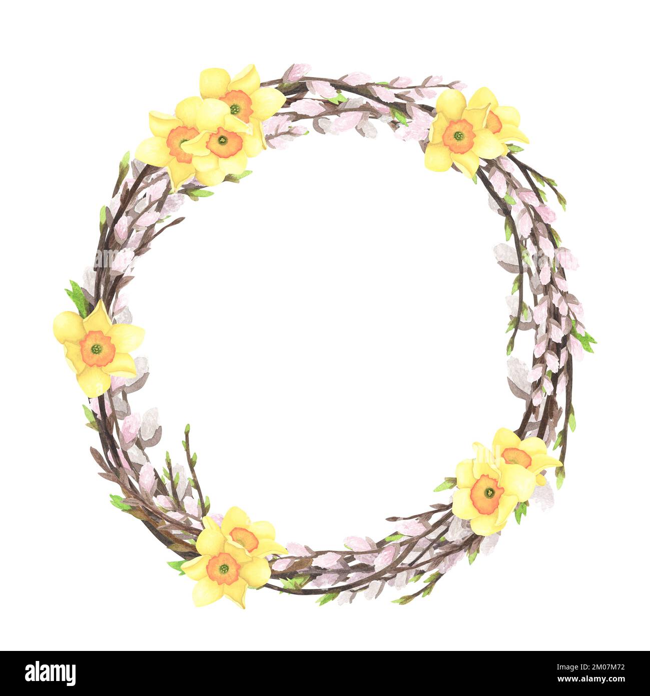 Spring Pussy Willow Twigs Wreath Watercolor With Flower Daffodil