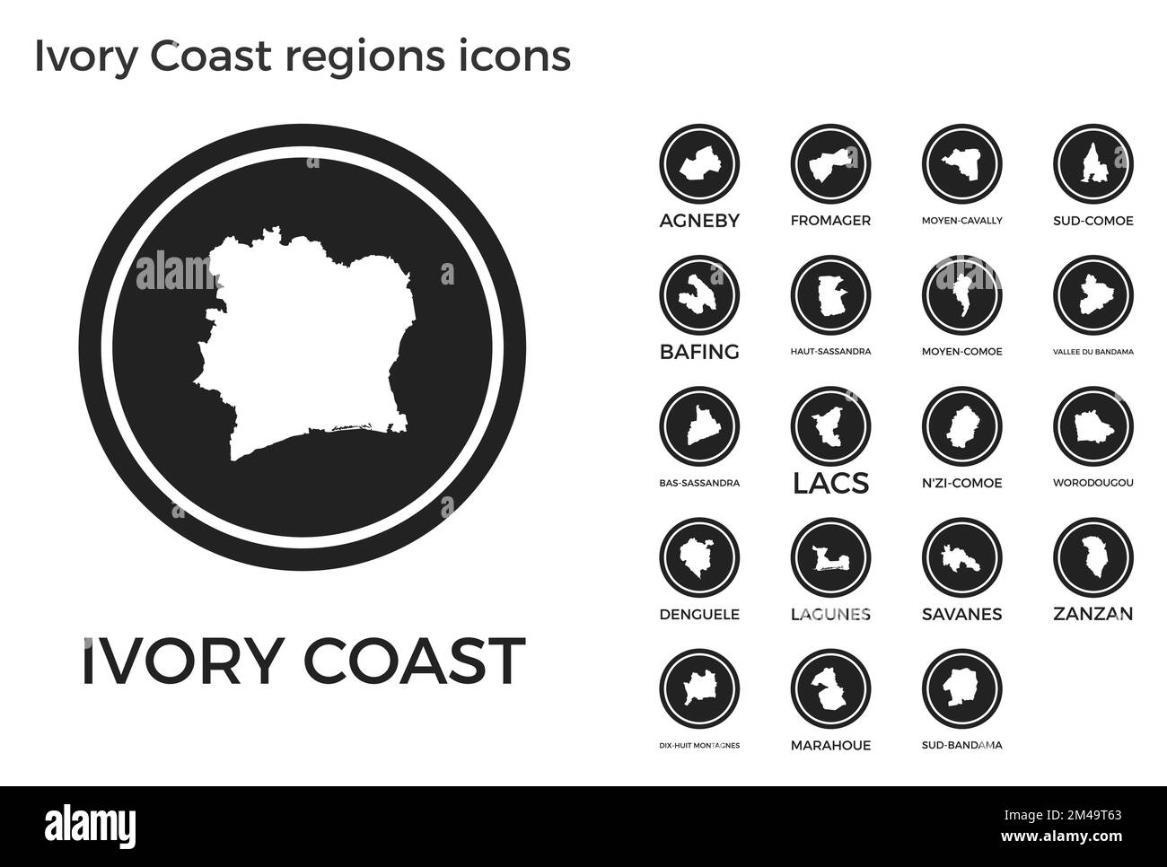 Ivory Coast Regions Icons Black Round Logos With Country Regions Maps