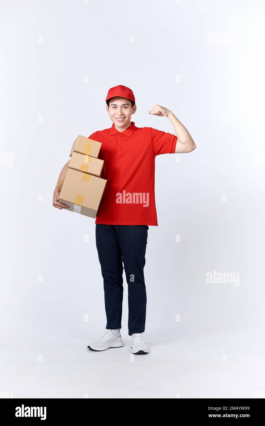 Professional Delivery Guy Employee Man In Red Cap T Shirt Uniform