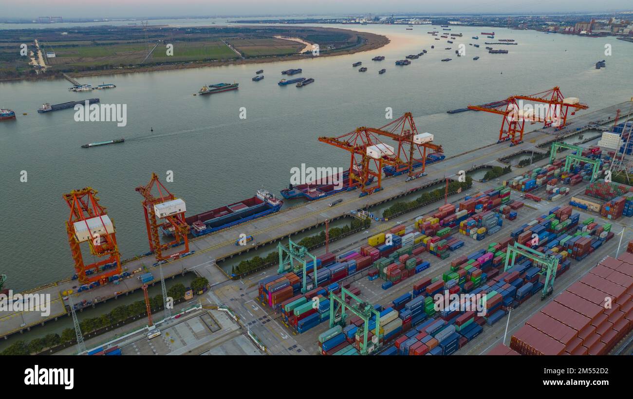 Aerial Photo Shows The Busy Scene At The Wharf Of Zhangjiagang Port In