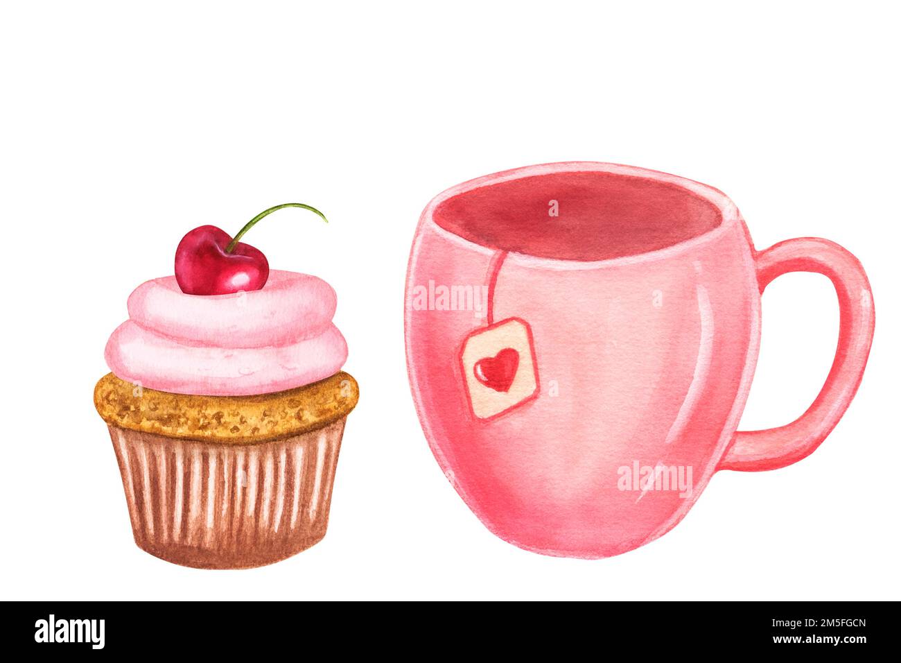 Set Of Cupcake And Pink Mug With Heart Hand Drawn Watercolor