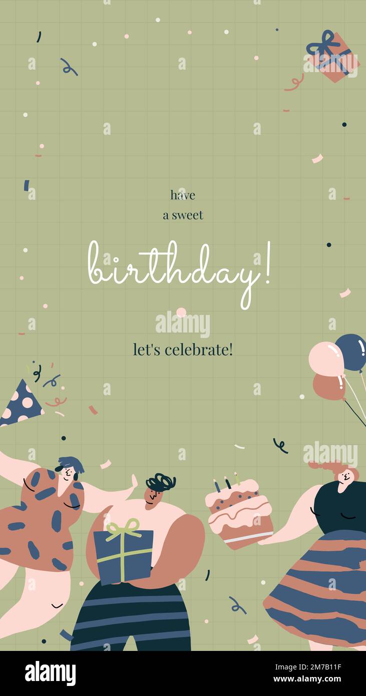 Birthday Greeting Template Vector With Celebrating Characters Stock