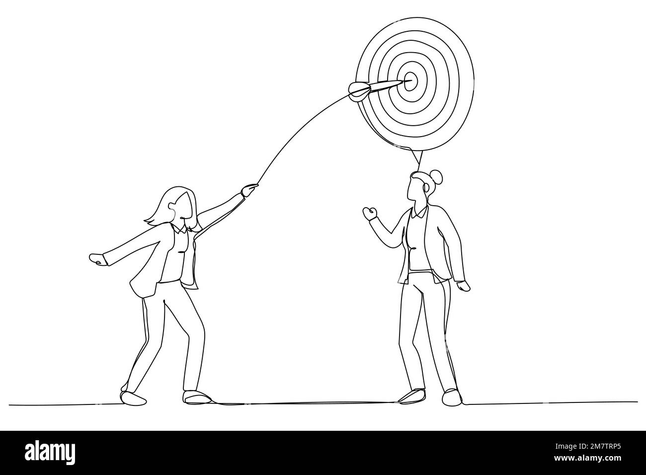 Drawing Of Businesswoman Throw A Dart Into Target On Customer Mind