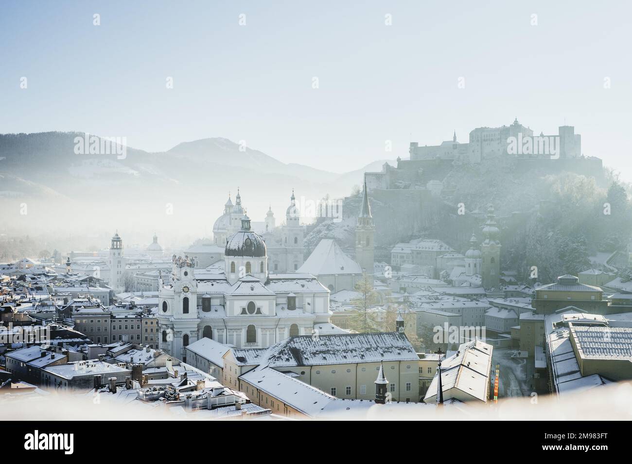 Aerial Cityscape And Skyline With Salzburg Cathedral And Fortress