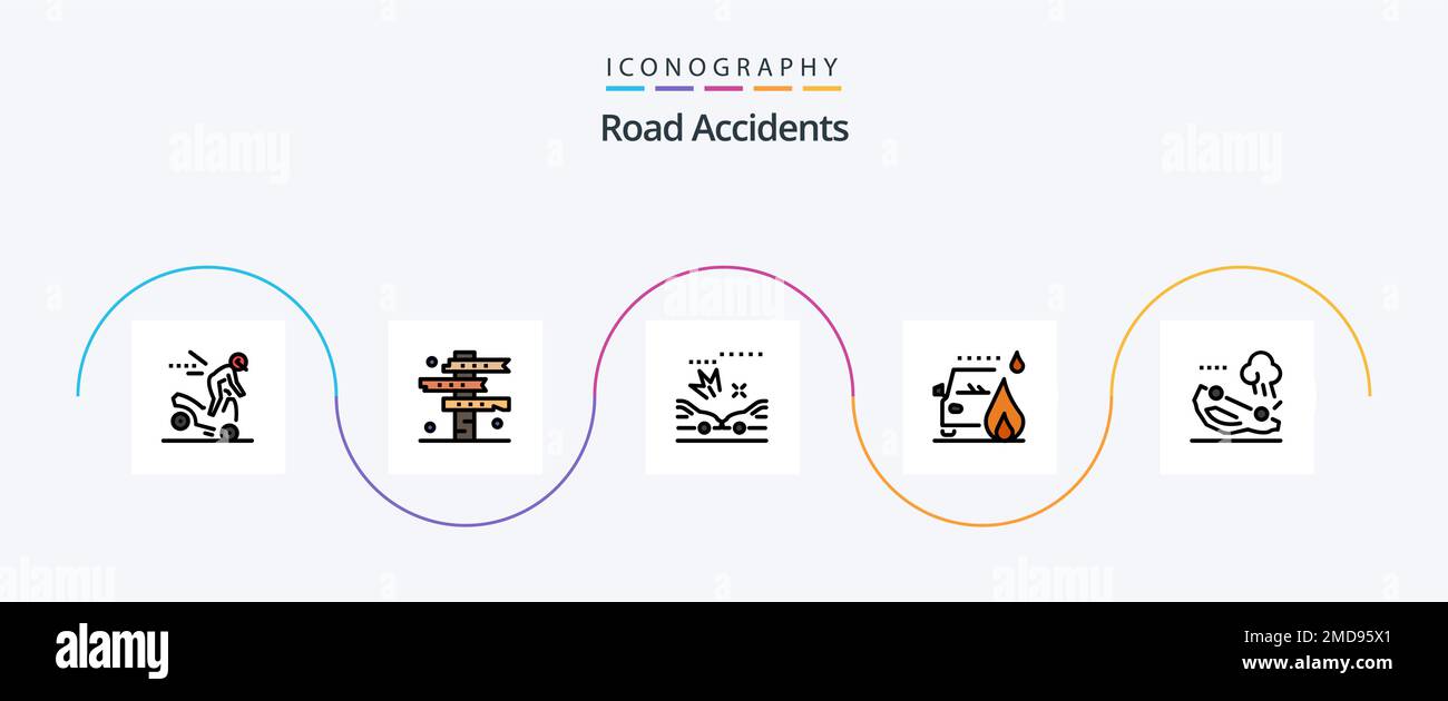 Road Accidents Line Filled Flat Icon Pack Including Car Road West