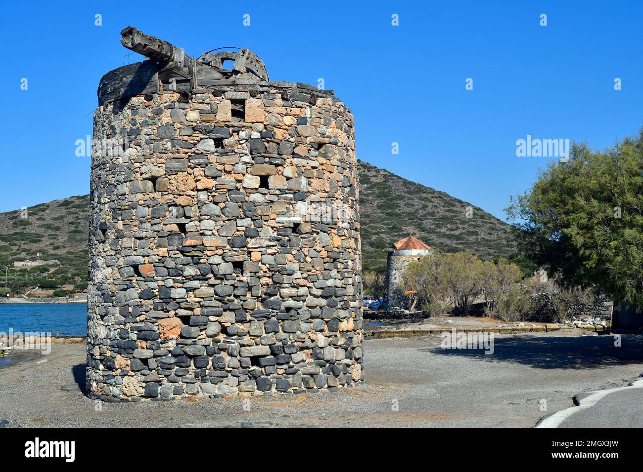 Greece Crete Old Windmills Built Of Stone In Elounda On Gulf Of