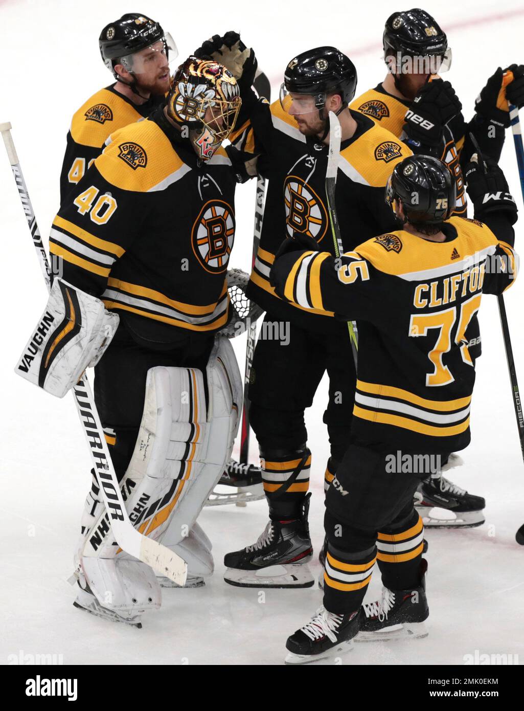 Boston Bruins Goaltender Tuukka Rask 40 Of Finland Is Congratulated