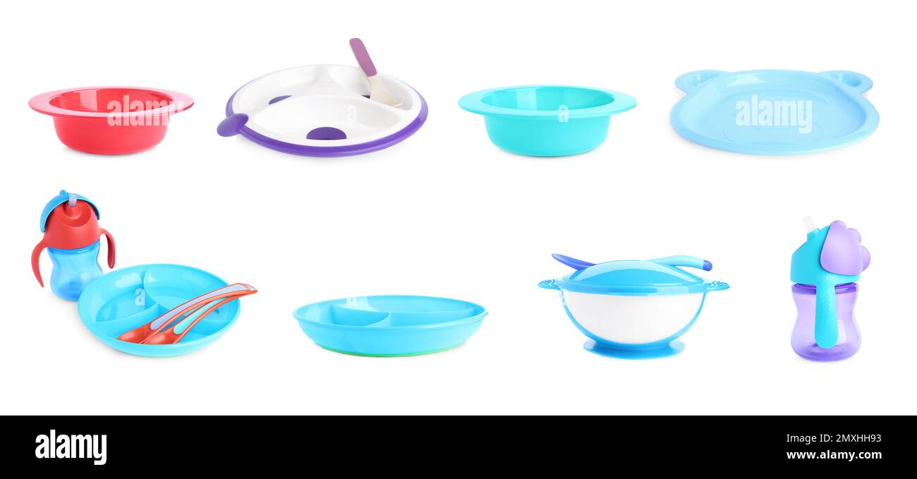 Set Of Plastic Dishware For Baby Food On White Background Banner