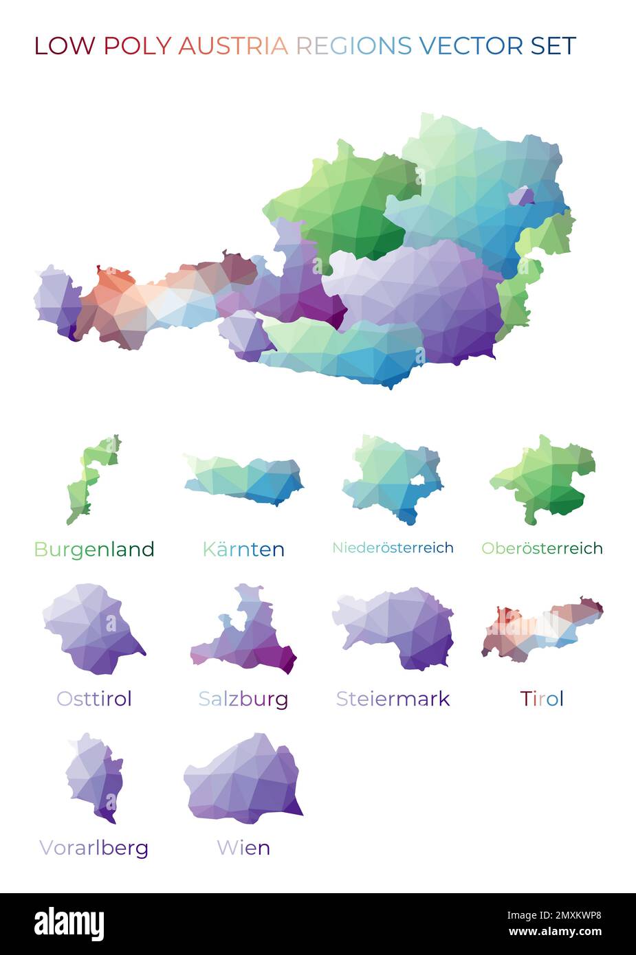 Austrian Low Poly Regions Polygonal Map Of Austria With Regions