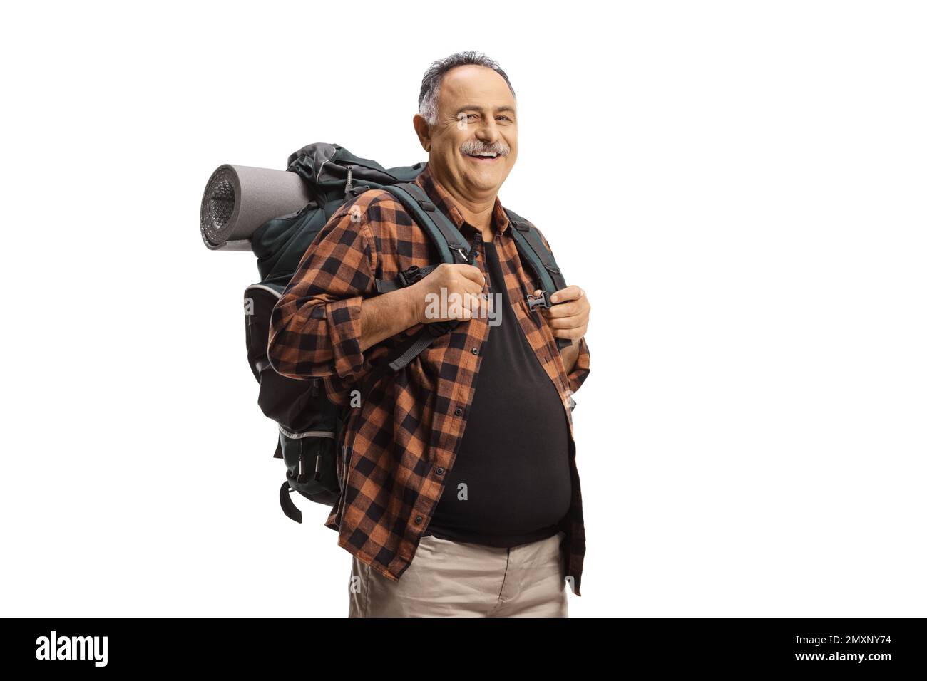 Smiling Mature Man With A Backpack Standing And Smiling Isolated On