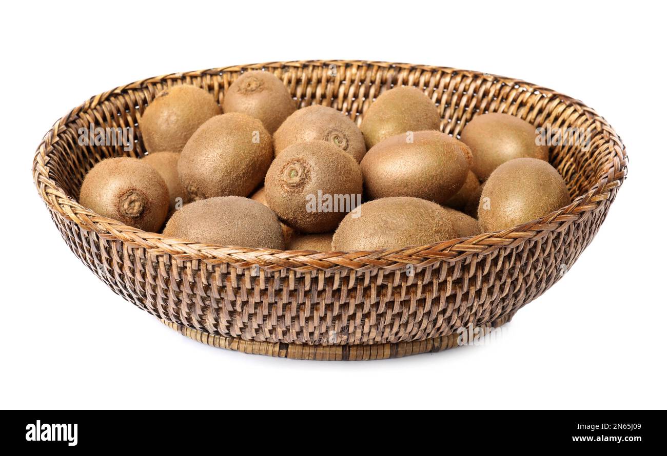 Whole Fresh Kiwis In Wicker Bowl Isolated On White Stock Photo Alamy